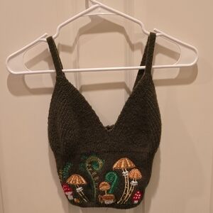 Green Knit Crop Top with Mushroom Embroidery